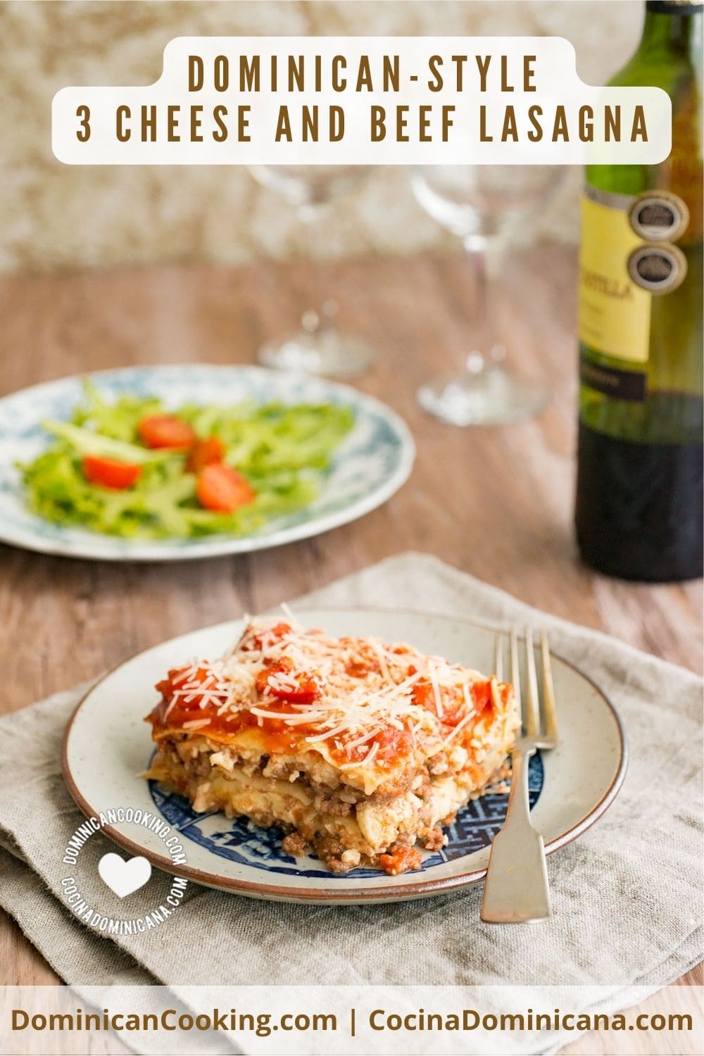 Dominican-style 3 cheese and beef lasagna recipe.