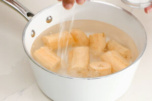Boiling plantains.