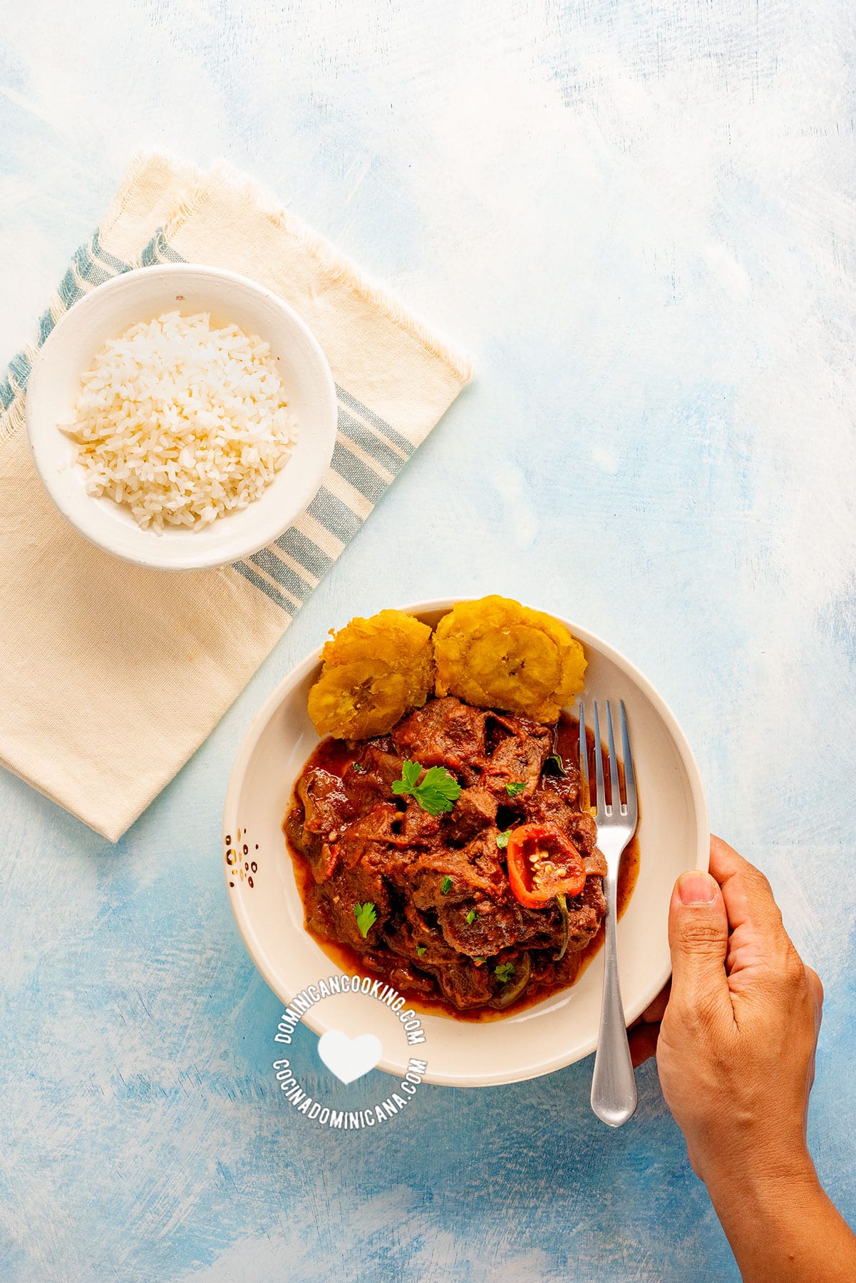 Plato con chivo guisado picante (spicy goat meat stew), con arroz blanco y tostones.