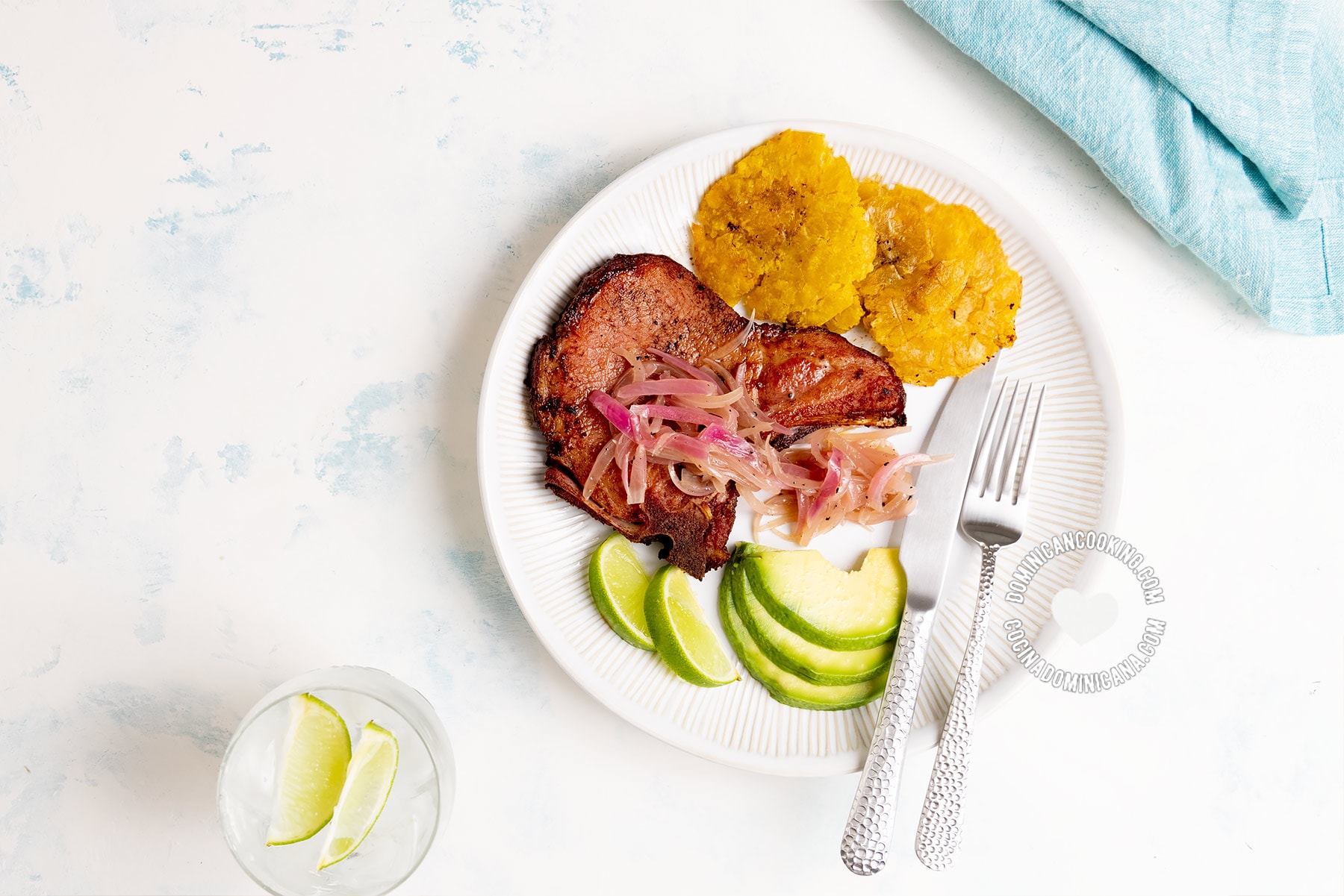 Chuletas Fritas (Dominican Fried Smoked Pork Chops) with Tostones and Avocado