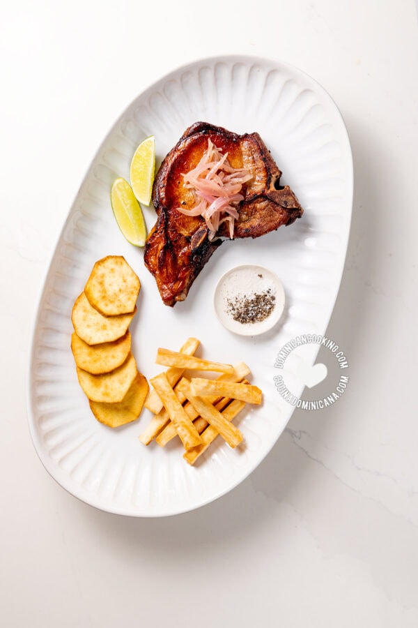 Chuletas Fritas (Dominican Fried Smoked Pork Chops) with fried Sweet Potato and Fried Yuca