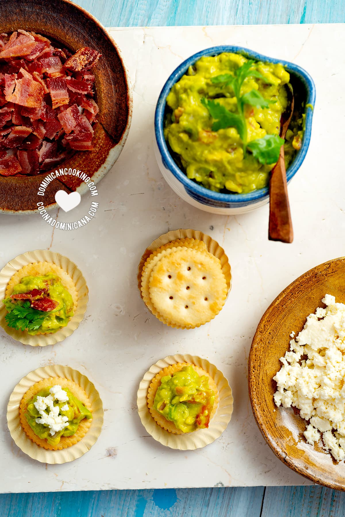 Guacamole and bacon crackers party Food.