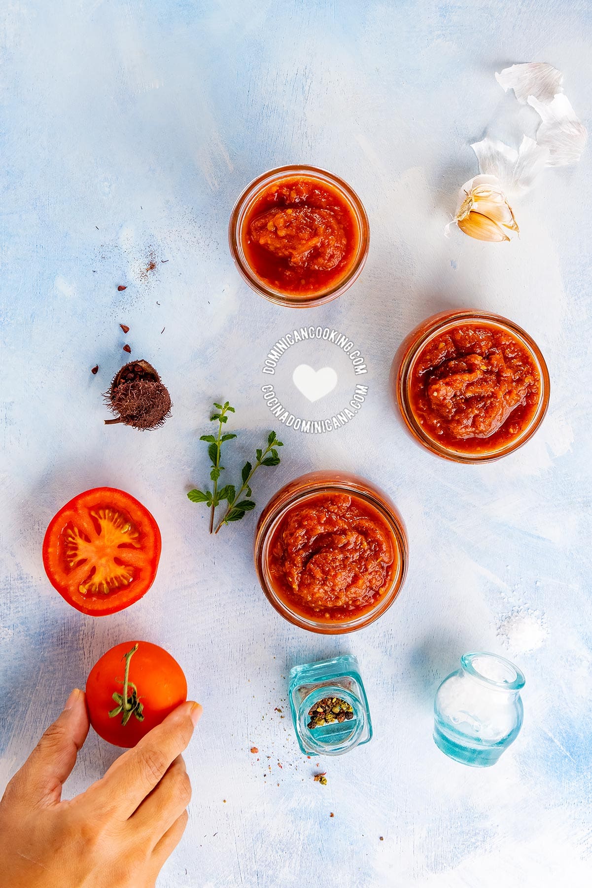 Tomato sauce jars and ingredients