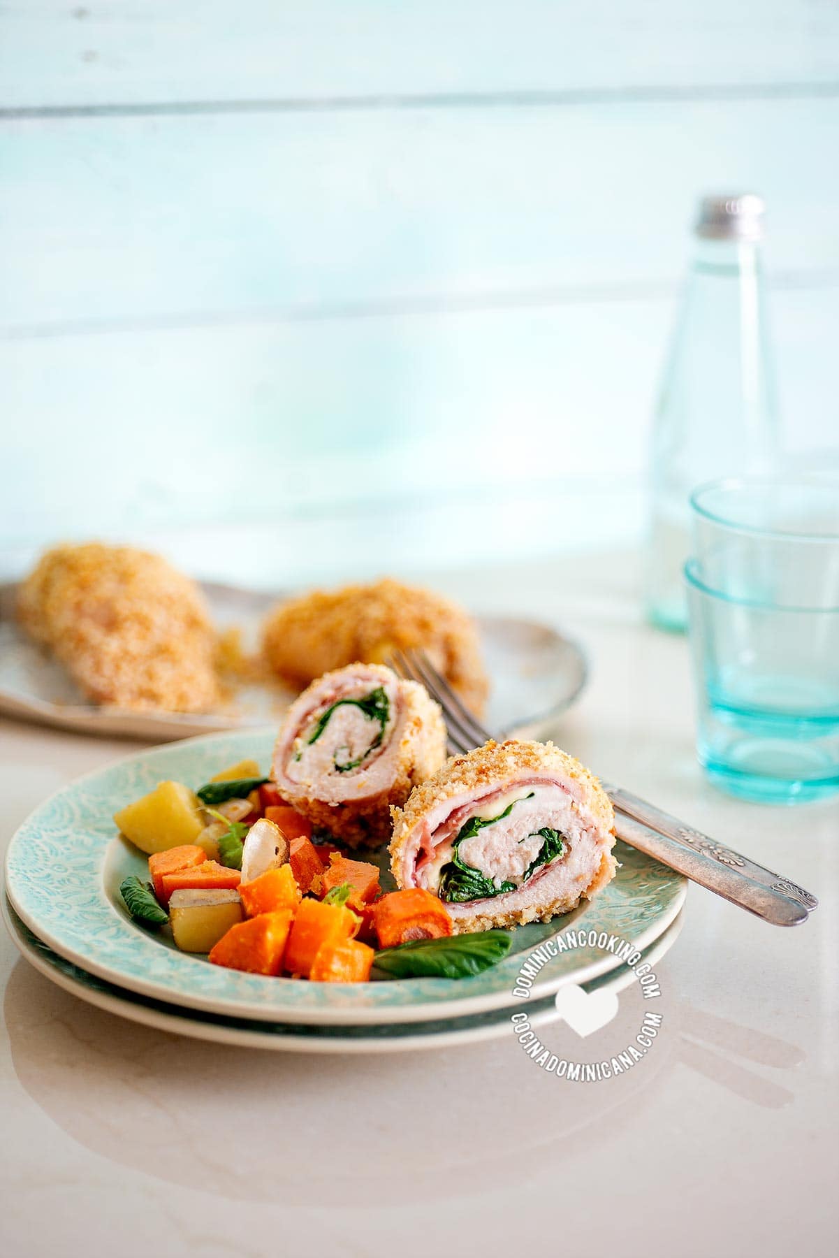 Cordon Bleu Chicken with Mushroom Sauce and vegetables