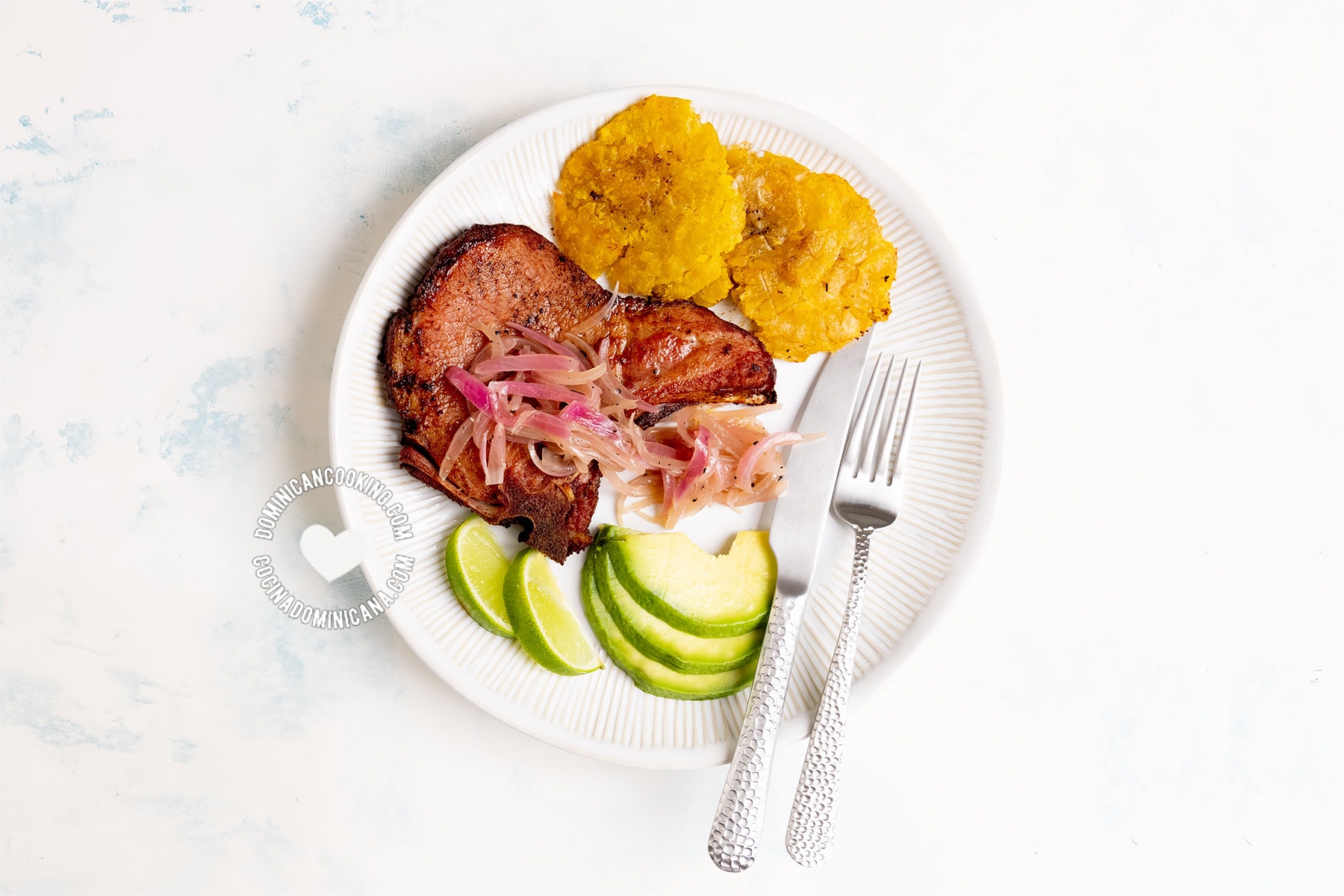 Chuletas Fritas (Dominican Fried Smoked Pork Chops) with Tostones and Avocado