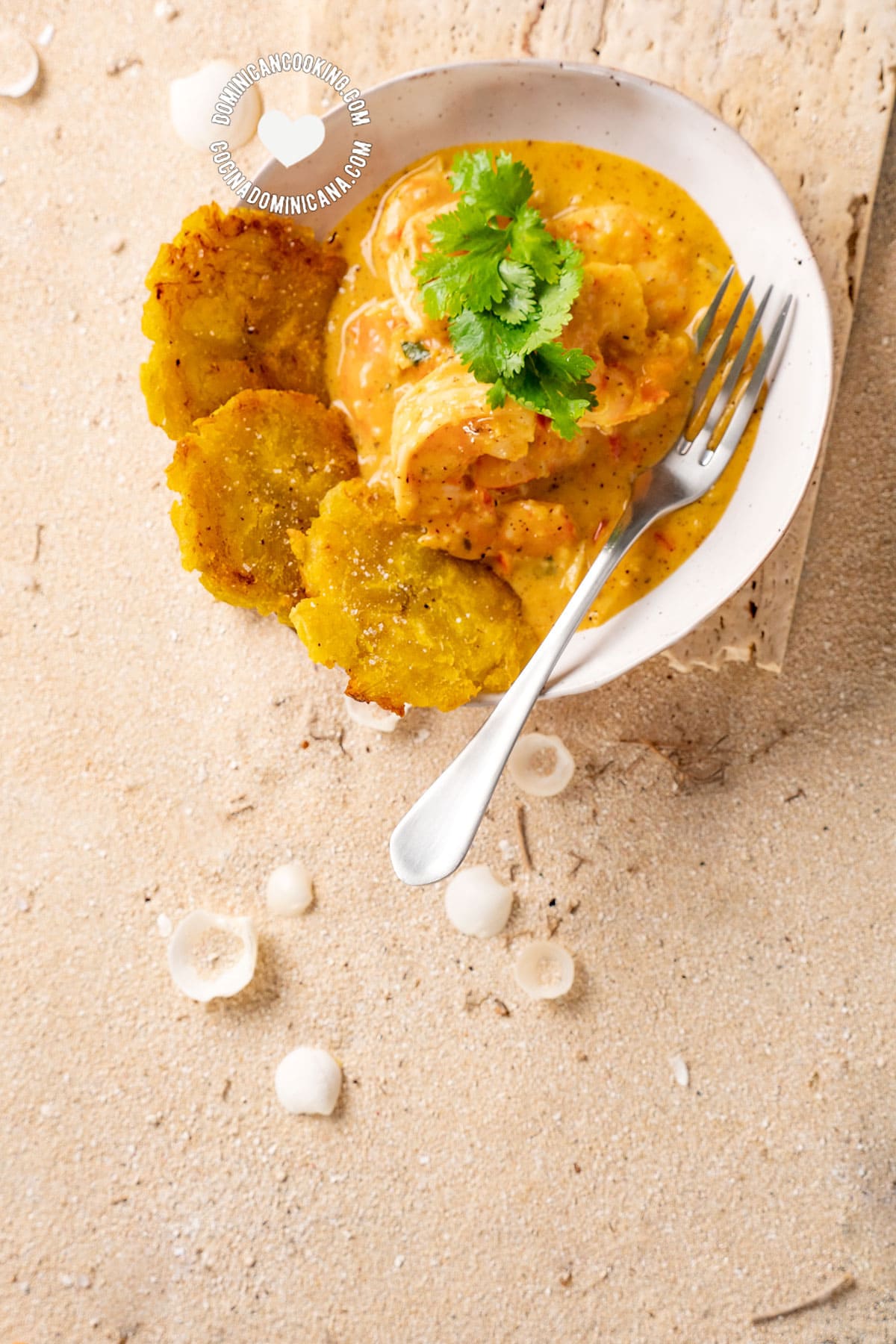 Shrimp with coconut and ginger sauce with tostones.