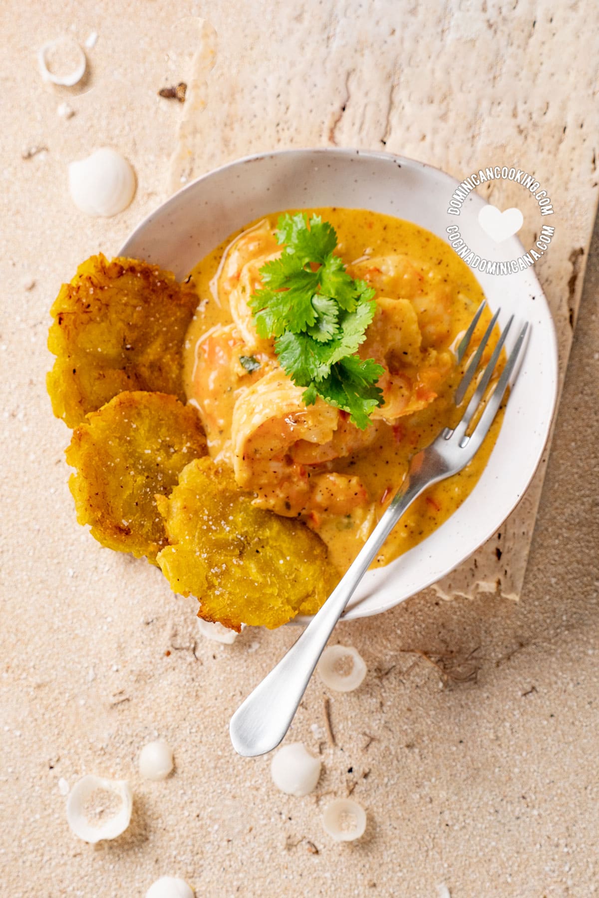 Shrimp with coconut and ginger sauce with tostones.