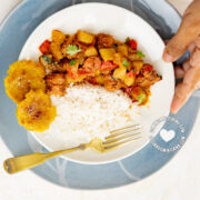 Tayota (chayote) guisado with rice and tostones